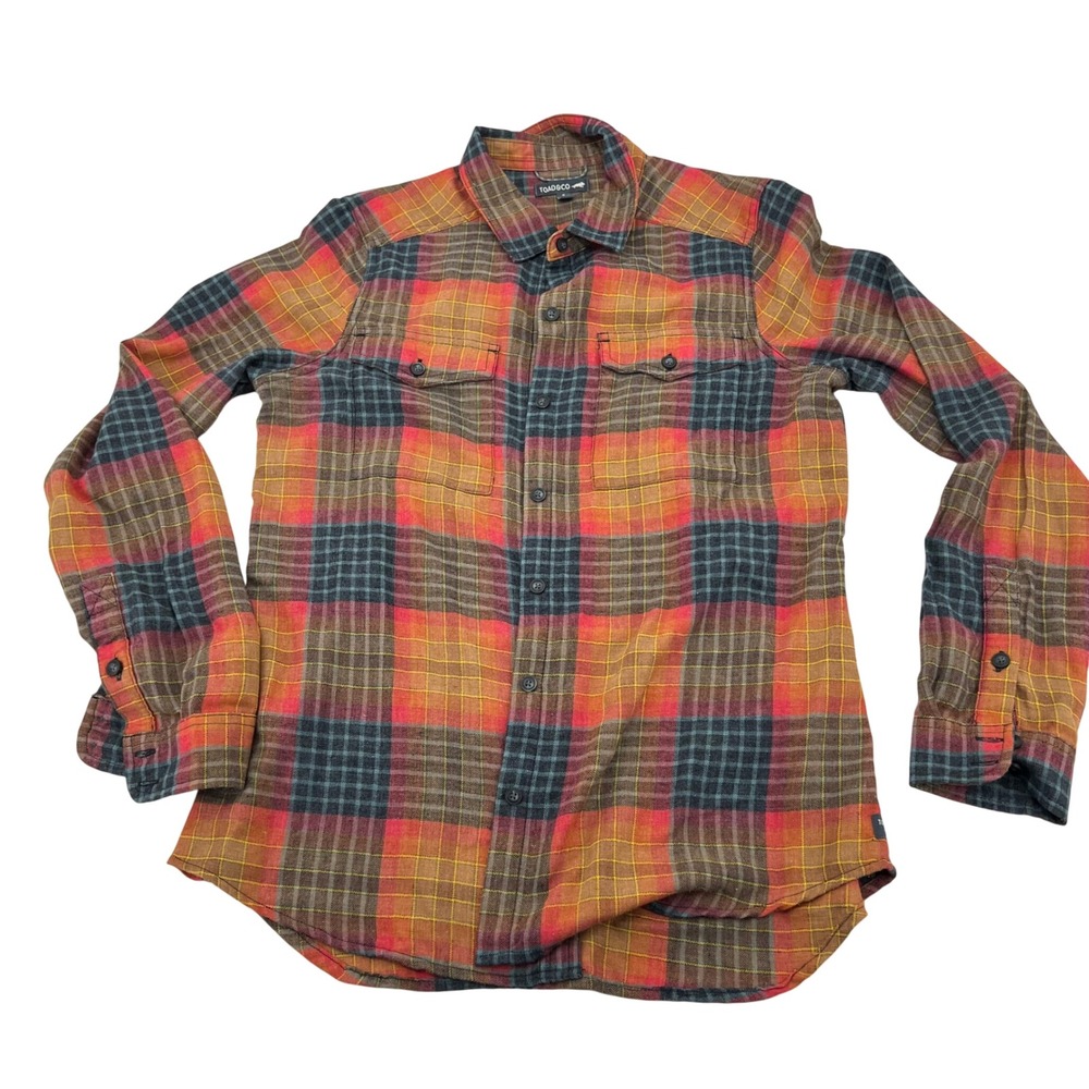 Toad&Co Womens Small Plaid Flannel Shirt‎ Recycled Cotton Blend Red Orange 1587
